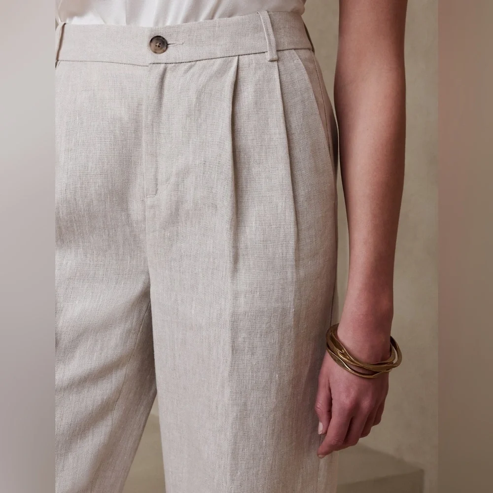 NEW! Banana Republic Natural Beige Palma Straight-Leg Linen Pant - Size 14 🖥️3️⃣